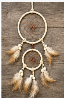 Two woven dreamcatchers with cream-colored cords, small beads, and natural brown feathers, hanging against a rustic wooden plank background.