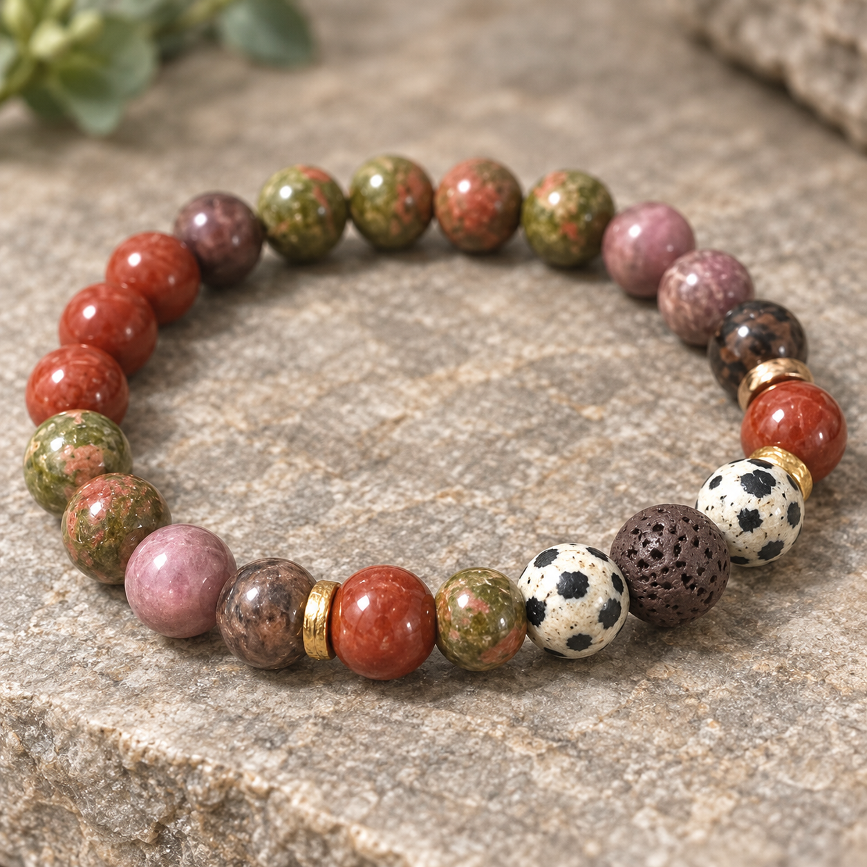 A beaded stretch bracelet made of polished gemstone-like round beads in red, green, pink, brown, black-and-white, and white, displayed on a textured gray stone surface.