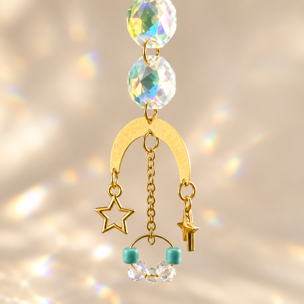 close up of suncatcher end with star ornament and beads