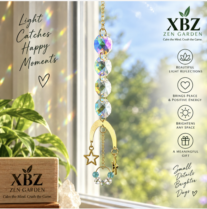 suncatcher hanging in window, light catches happy moments, xbz, Zen garden, calm the mind, crush the game, small details brighter days