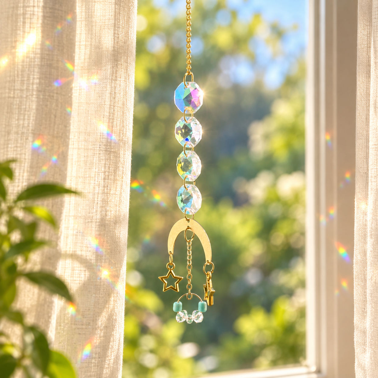 follow the light within suncatcher hanging in window with plant and sunlight shining through