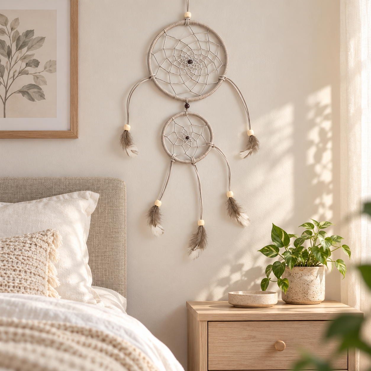 A bohemian-style double dreamcatcher wall hanging with feathers and beads, displayed on a beige wall in a beautifully styled bedroom next to a wooden nightstand with a potted plant.