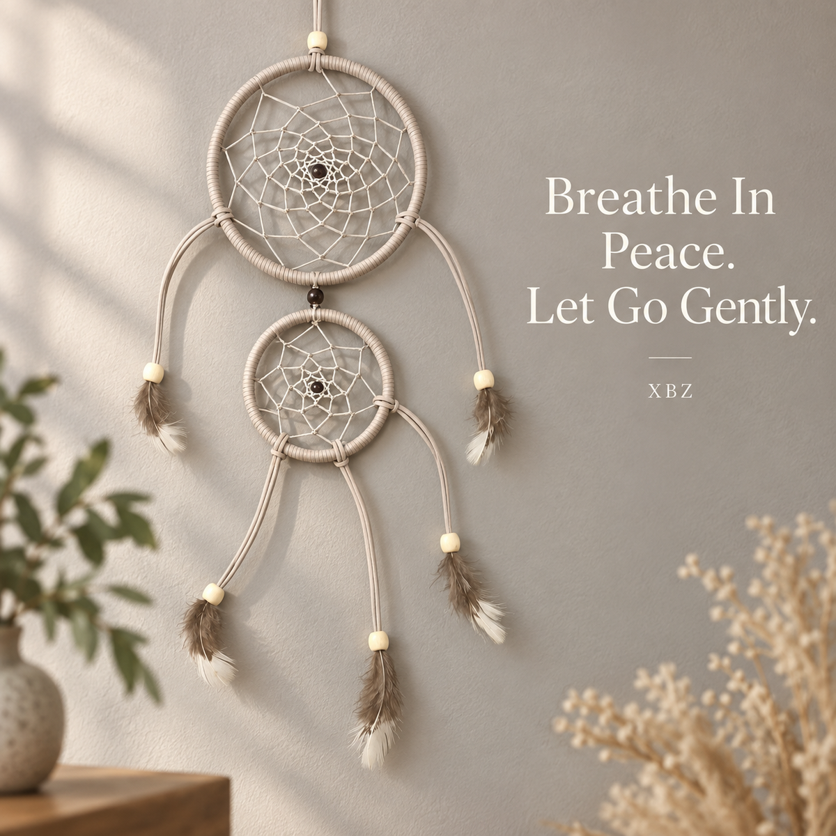 A two-ring dreamcatcher wall hanging with beige wrapped rings, white webbing, and brown-and-white feathers, shown hanging on a gray wall with decorative plants and dried flowers. White text on the right reads, 'Breathe In Peace.