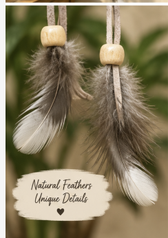 Two natural feather hanging ornaments with light wood beads and braided cord, shown against a softly blurred green and beige background with a decorative text overlay.