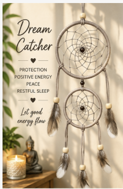 Two hanging dreamcatchers with feathers and beads are displayed against a warm beige wall with soft shadows. Text on the left reads 'Dream Catcher' with additional positive phrases, and a candle and small statue sit on a table below.