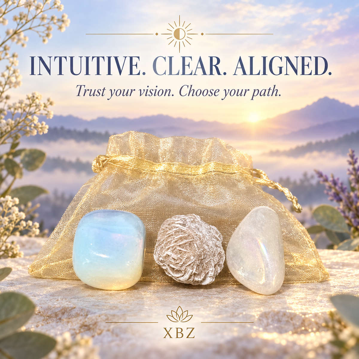 Three polished tumbled stones and a textured stone displayed in front of a sheer gold drawstring pouch, set against a misty mountain landscape at sunrise. Text at the top reads 'INTUITIVE.