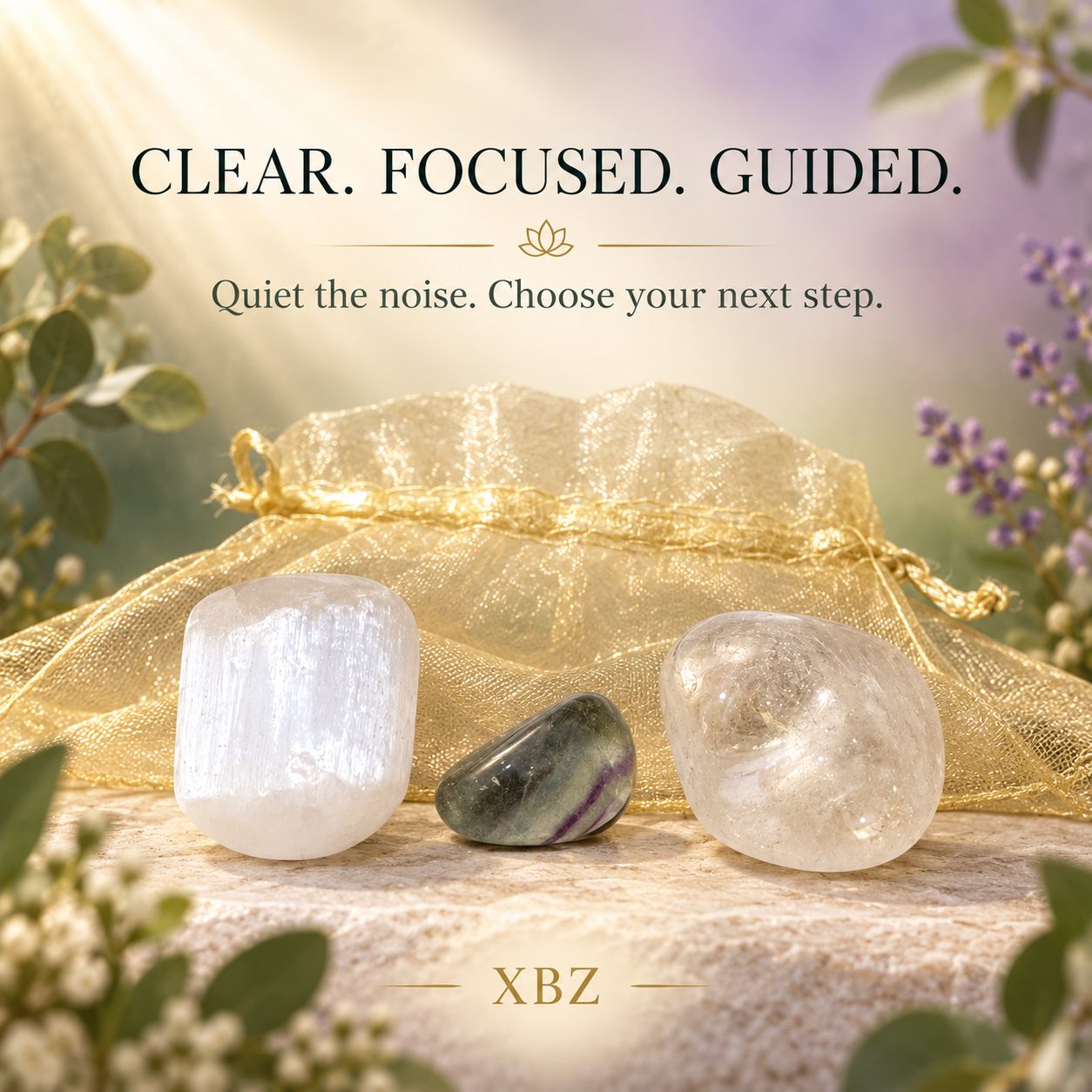 selenite, fluorite and clear quartz stones