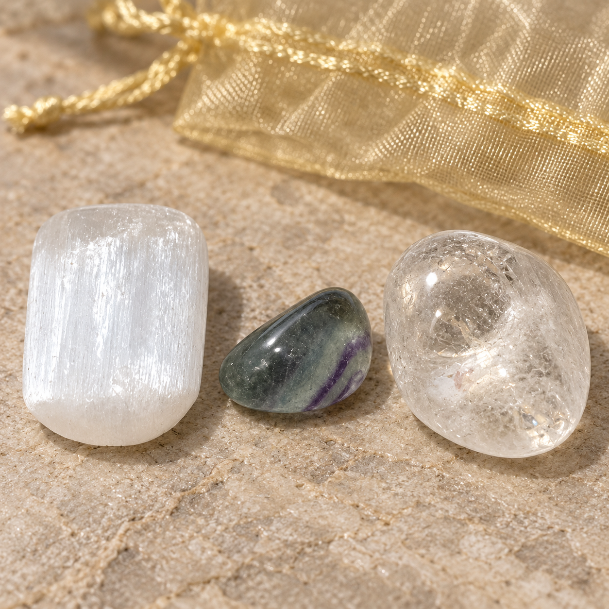 selenite, fluorite and clear quartz with gold organza bag