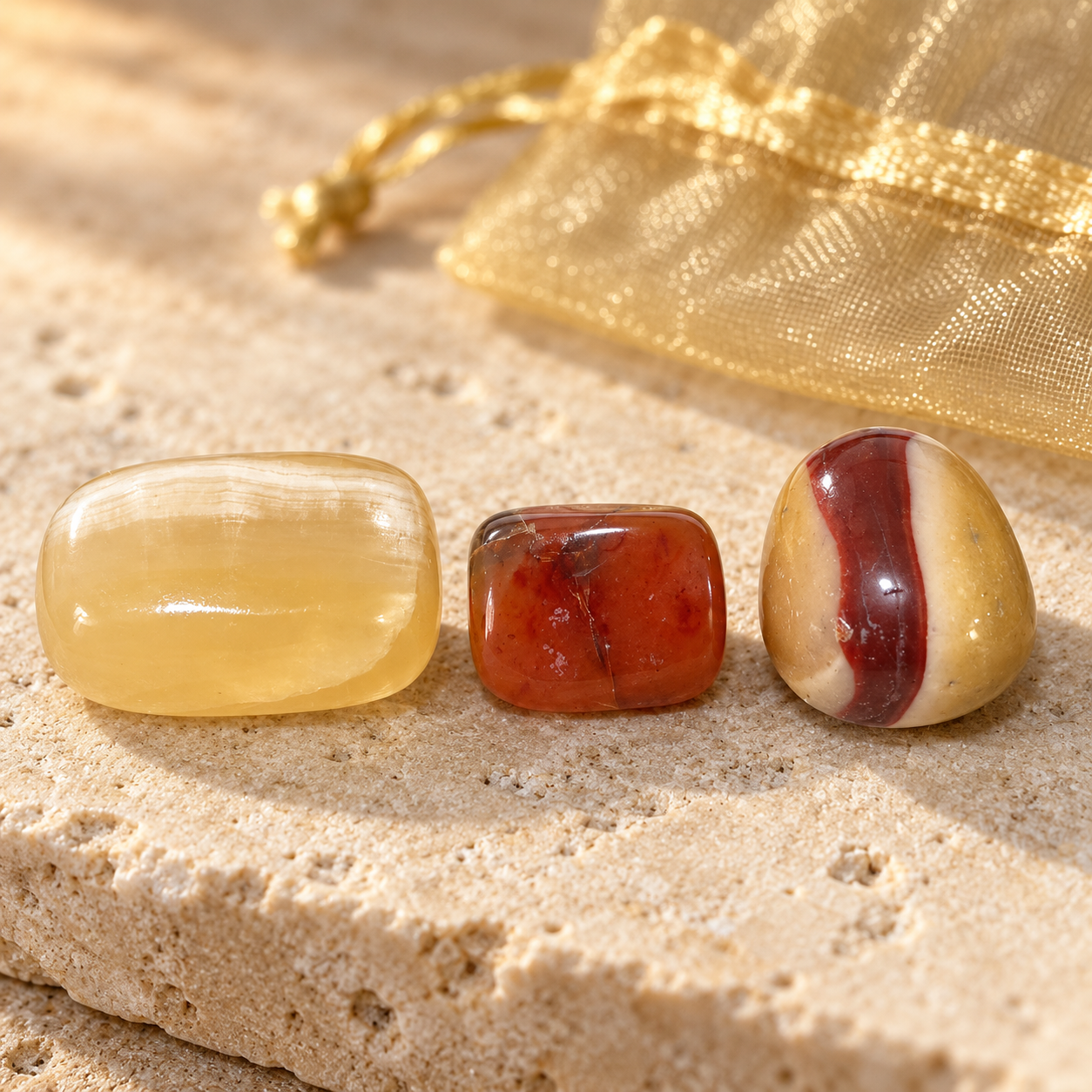 close up of inspire flow intention bundle stones A set of three polished tumbled stones in front of a gold mesh drawstring pouch and listing Carnelian, Mookaite, and Honey Calcite.