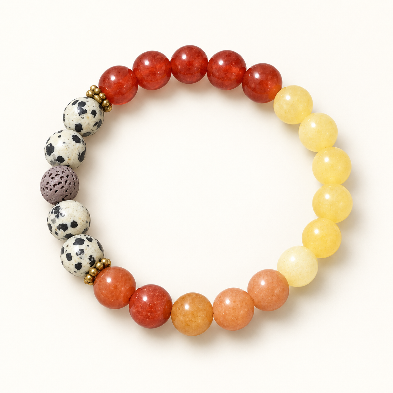 A beaded stretch bracelet arranged in a circle on a clean white background. The bracelet features a gradient of stone beads transitioning from deep red at the top, through orange and peach, to pale yellow on the right side.