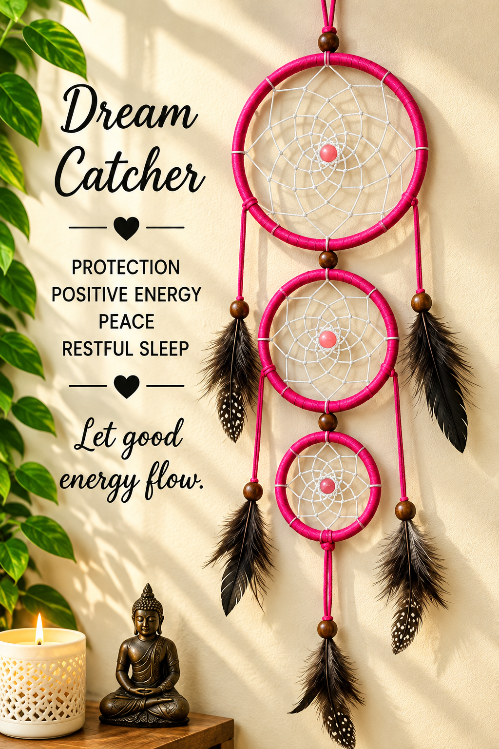 A pink dreamcatcher wall hanging with three circular hoops, brown beads, white webbing, and hanging feathers, displayed against a warm beige wall with decorative text, a lit candle, and a small Buddha statue.