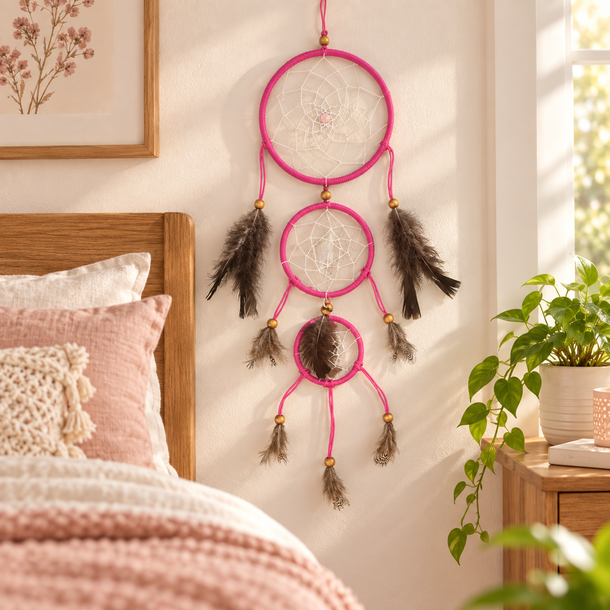 A pink dreamcatcher wall hanging with three hanging rings, dark brown feathers, and gold bead accents, displayed on a beige wall in a bedroom setting next to a wooden headboard and a potted plant.