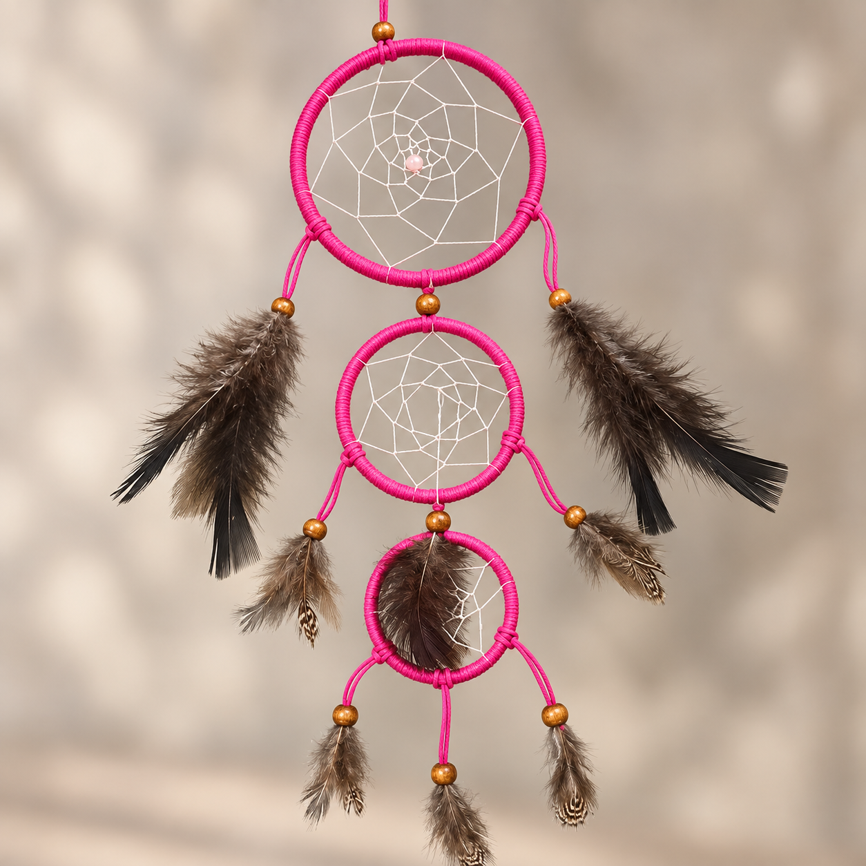 A pink dreamcatcher with three nested rings, brown feathers, and small gold beads, hanging against a soft beige bokeh background.