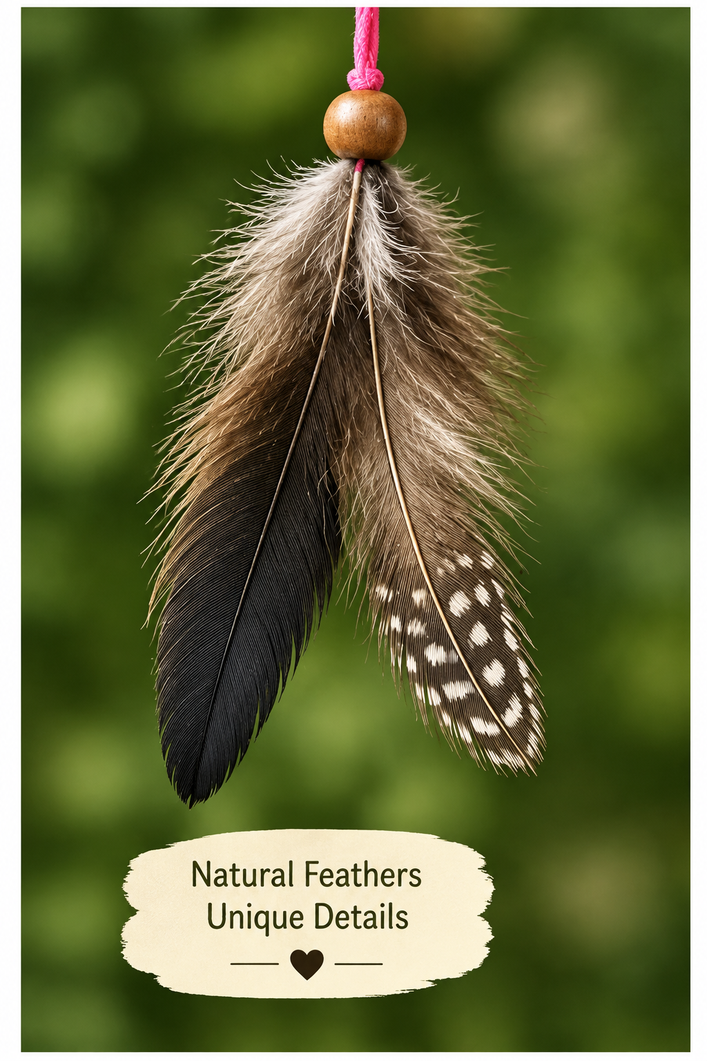 A hanging natural feather ornament with two brown and black feathers, a wooden bead, and a pink cord against a blurred green background. Text at the bottom reads 'Natural Feathers Unique Details'.