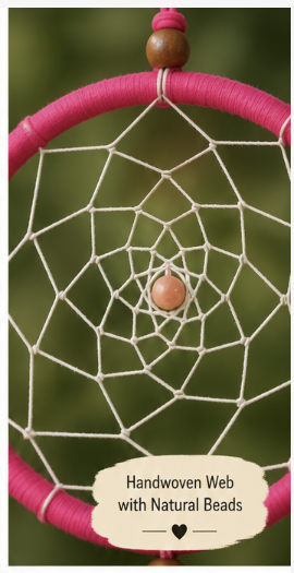 A close-up of a handwoven dreamcatcher with a bright pink wrapped hoop, white webbing, and natural wood beads, set against a soft green blurred background. A cream-colored label at the bottom reads 'Handwoven Web with Natural Beads'.