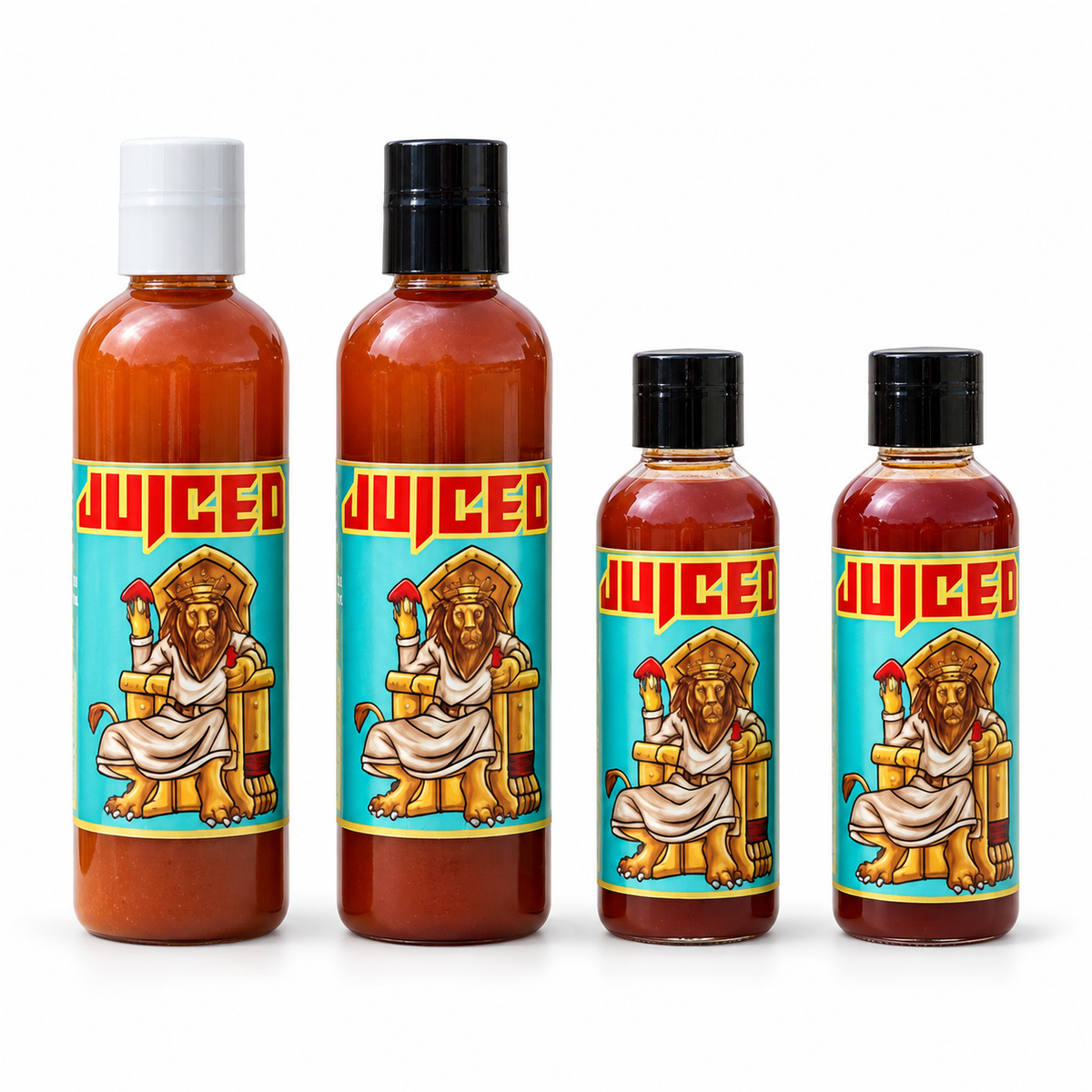 four bottles of juiced with lion logo, white background