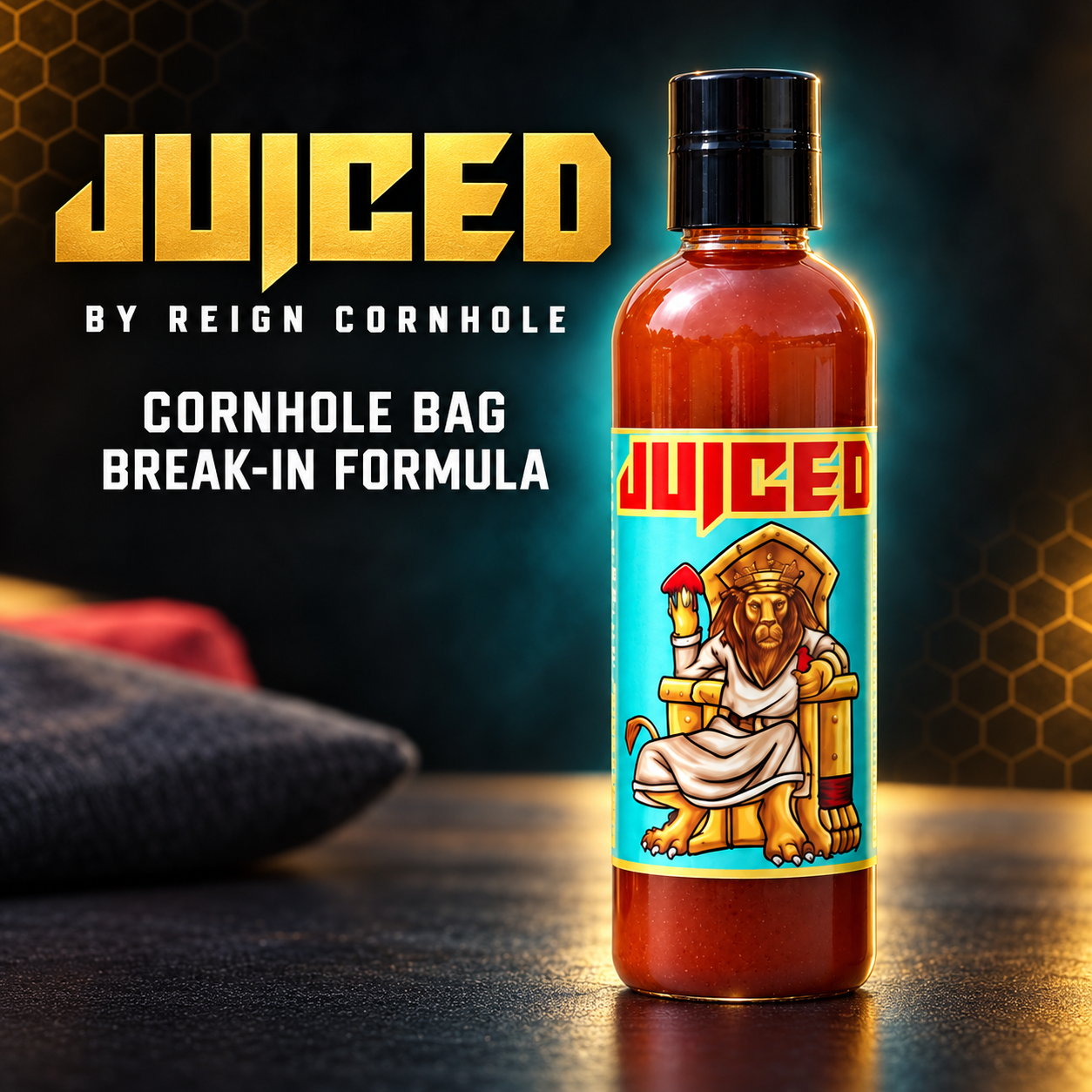 bottle of juiced by reign cornhole.  cornhole bag break-in formula
