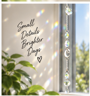 Let Your Light Lead Moon-and-Crystal Suncatcher hanging in window with light shining through.  small details brighter days.  heart