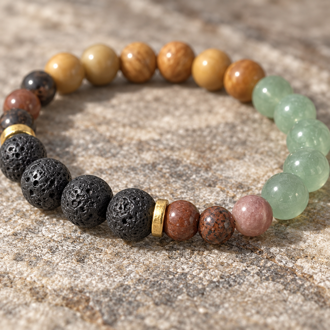 A beaded stretch bracelet made of natural stone and wood beads, featuring black lava stones, light brown wood, pale green jade-like beads, and small gold spacer beads, displayed on a textured gray stone surface.