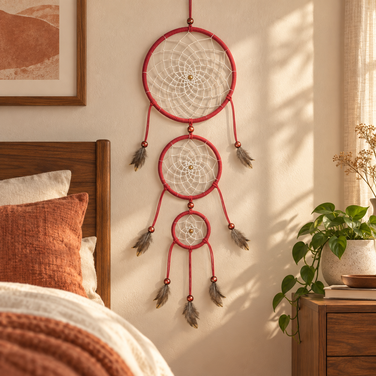 A three-ring red dreamcatcher wall hanging with white webbing and brown feathers, displayed on a beige wall in a warm, sunlit bedroom next to a wooden headboard and a potted plant.