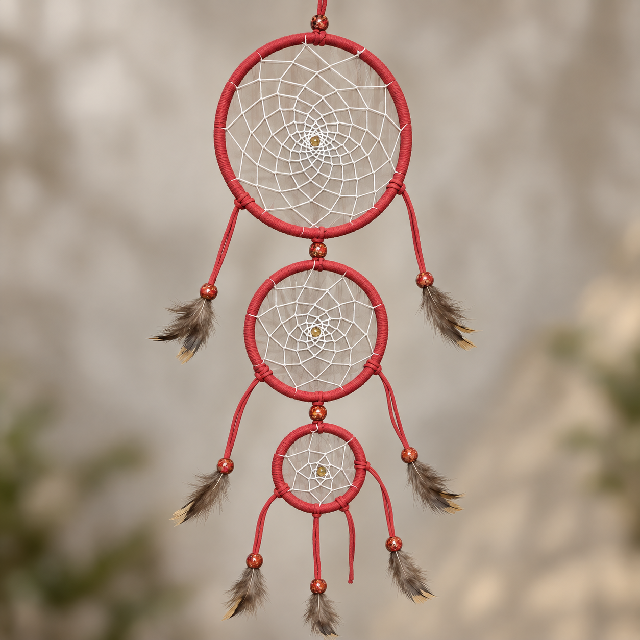 A red three-ring dreamcatcher with white webbing, small metallic beads, and brown feathers hanging against a softly blurred beige background.