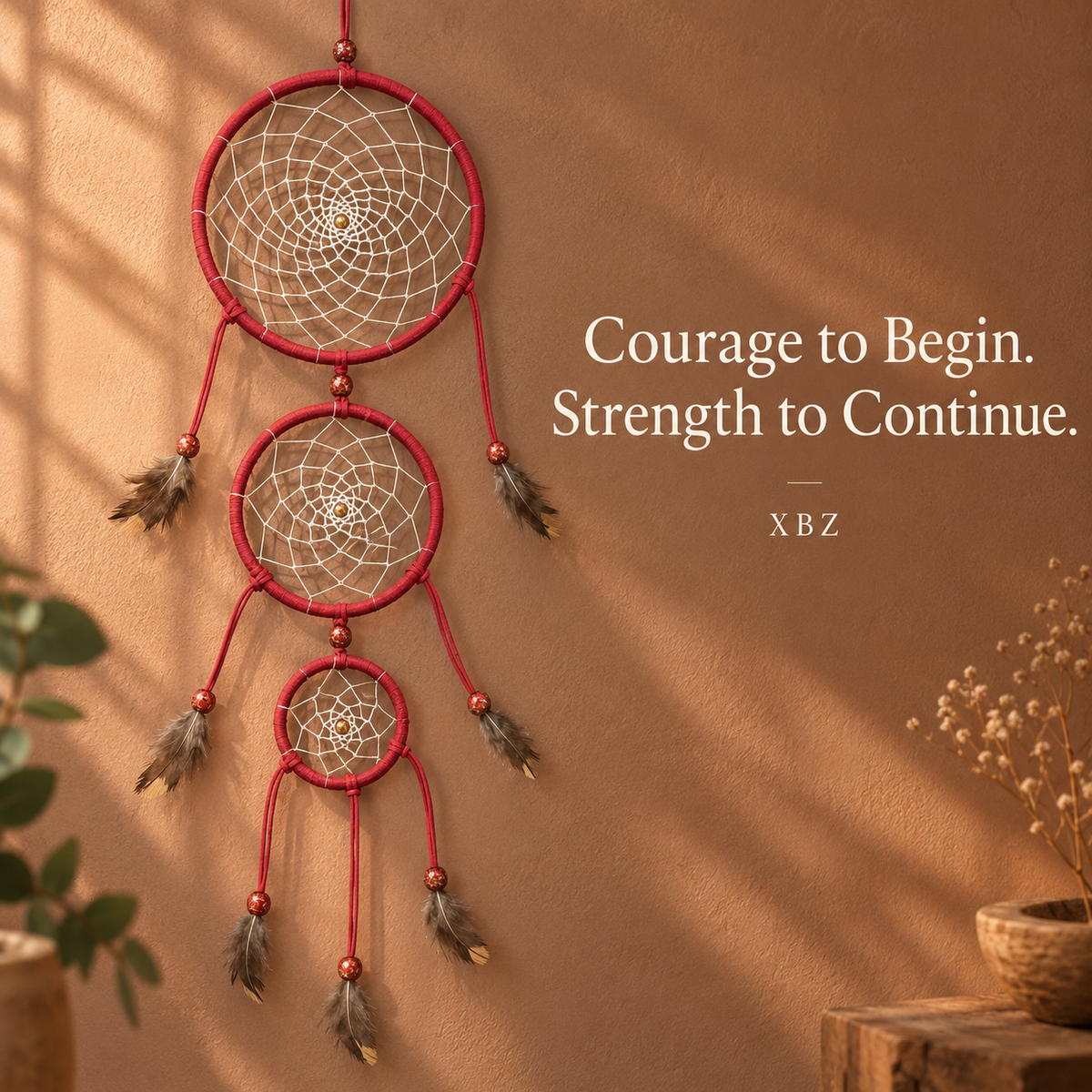 A three-tier red dreamcatcher wall hanging with white webbing and brown feathers, displayed against a warm brown textured wall with text reading 'Courage to Begin. Strength to Continue.