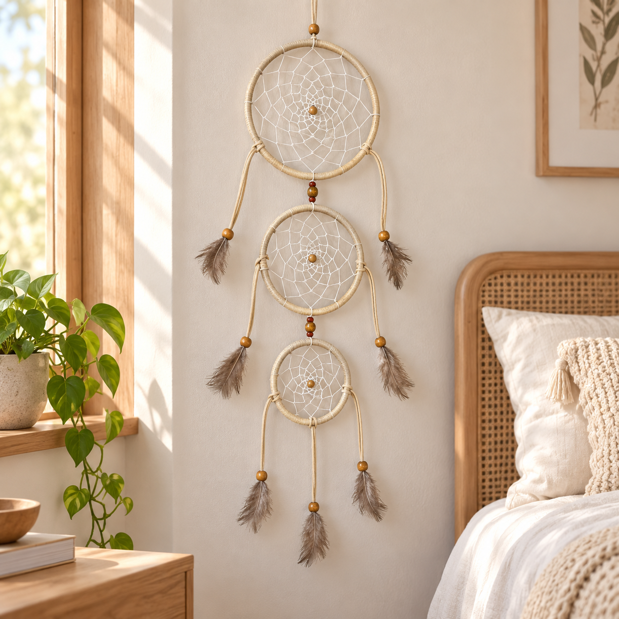Three nested dreamcatchers with beige webbing, brown feathers, and small wooden beads hang on a cream wall in a sunlit bedroom next to a bed and potted plant.