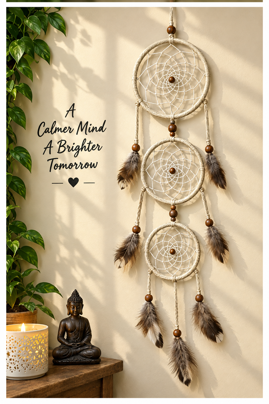 A vertical hanging dreamcatcher wall decor piece with three woven circular hoops, brown beads, and hanging feathers, shown hanging on a beige wall above a wooden table with a candle and small statue. Text on the left reads, 'A Calmer Mind A Brighter Tomorrow'.