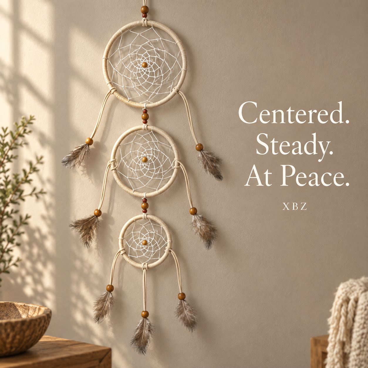 A three-tier dreamcatcher wall hanging with cream rope, white webbing, tan beads, and brown feathers, displayed on a beige wall with the text 'Centered. Steady.