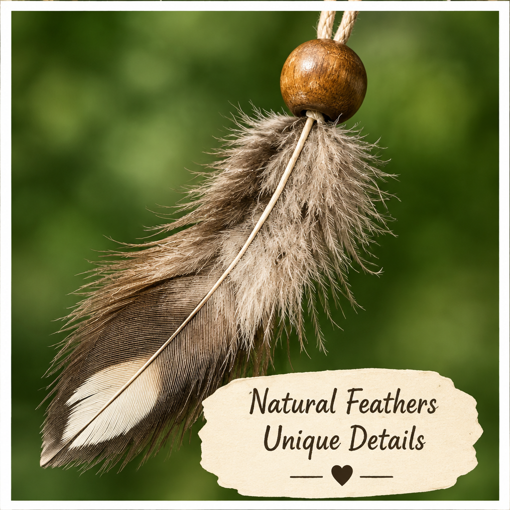 A close-up of a natural brown feather with a wooden bead and string, shown against a soft blurred green background with a label reading 'Natural Feathers Unique Details'.