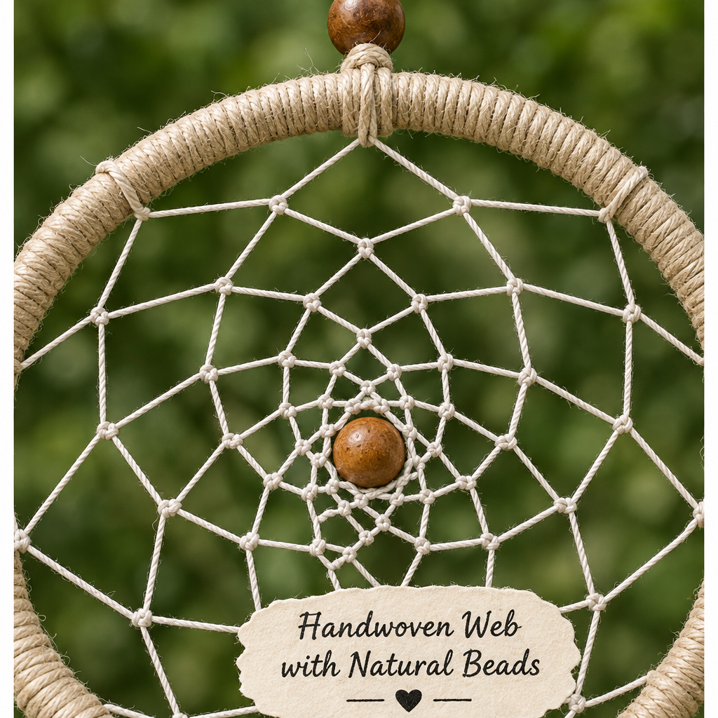 A close-up of a handmade dreamcatcher with natural beige wrapped hoop, white webbing, and wooden beads, with a label reading 'Handwoven Web with Natural Beads' against a blurred green background.