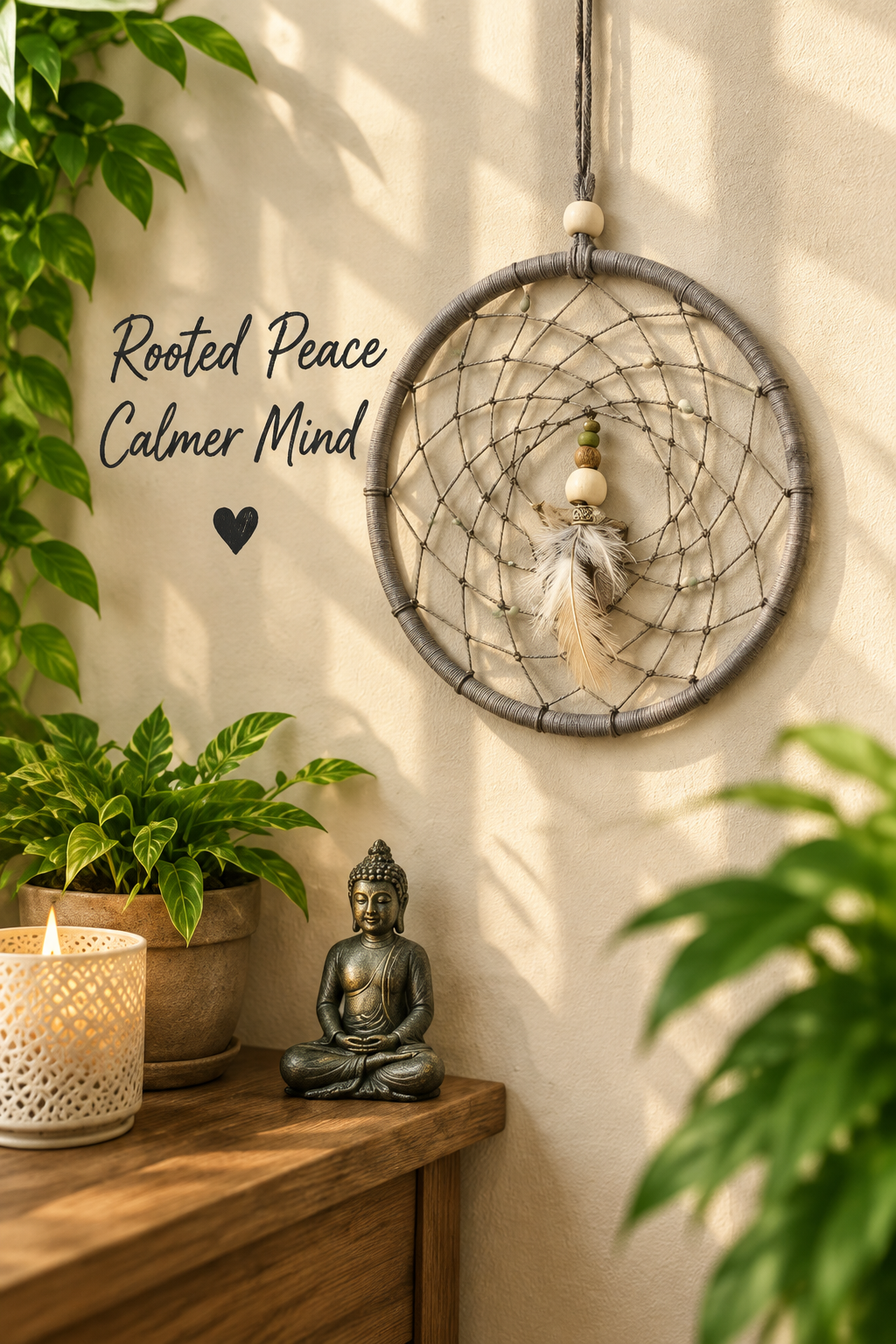 A circular dreamcatcher wall hanging with a white bead and dark webbing, displayed on a beige wall in a styled room scene with plants, a wooden table, a candle, and a small Buddha statue. Text on the left reads, 'A Calmer Minds A Brighter Tomorrow' with a small heart.