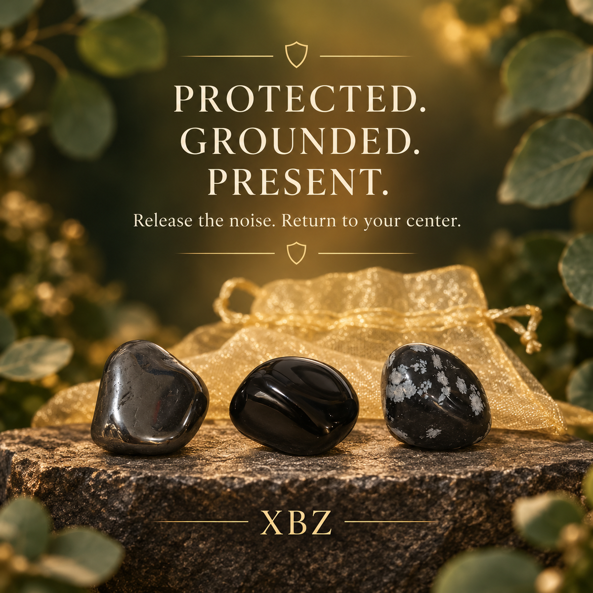 Three polished black tumbled stones with white matrix patterns are arranged on a stone surface in front of a sheer gold drawstring pouch, with blurred green foliage in the background. Text reads 'PROTECTED.