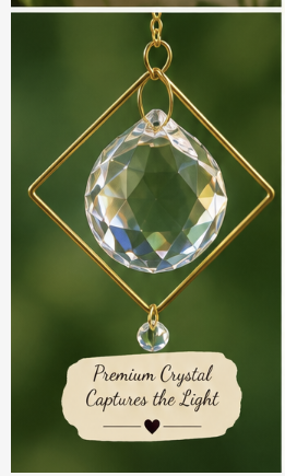 closeup of suncatcher crystal ball and gold prism, green background, premium crystal captures the light, heart