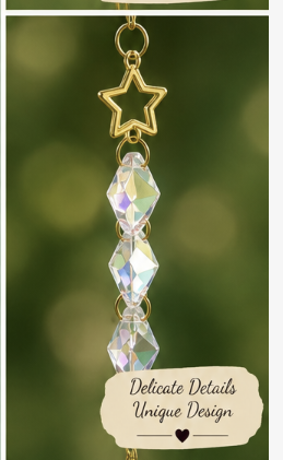 suncatcher cold star ornament and crystal beads, green background, delicate details unique design, heart