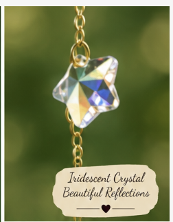 suncatcher iridescent crystal star closeup, beautiful reflections, heart, green background