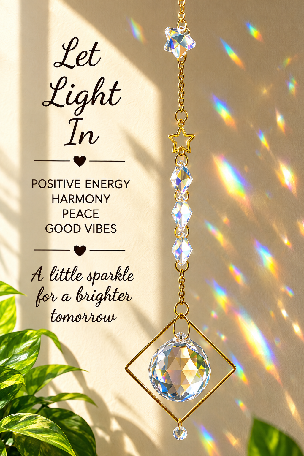 suncatcher hanging in window with sunlight shining and a plant.  let light in, positive energy, harmony, peace, good vibes, a little sparkle for a brighter tomorrow.