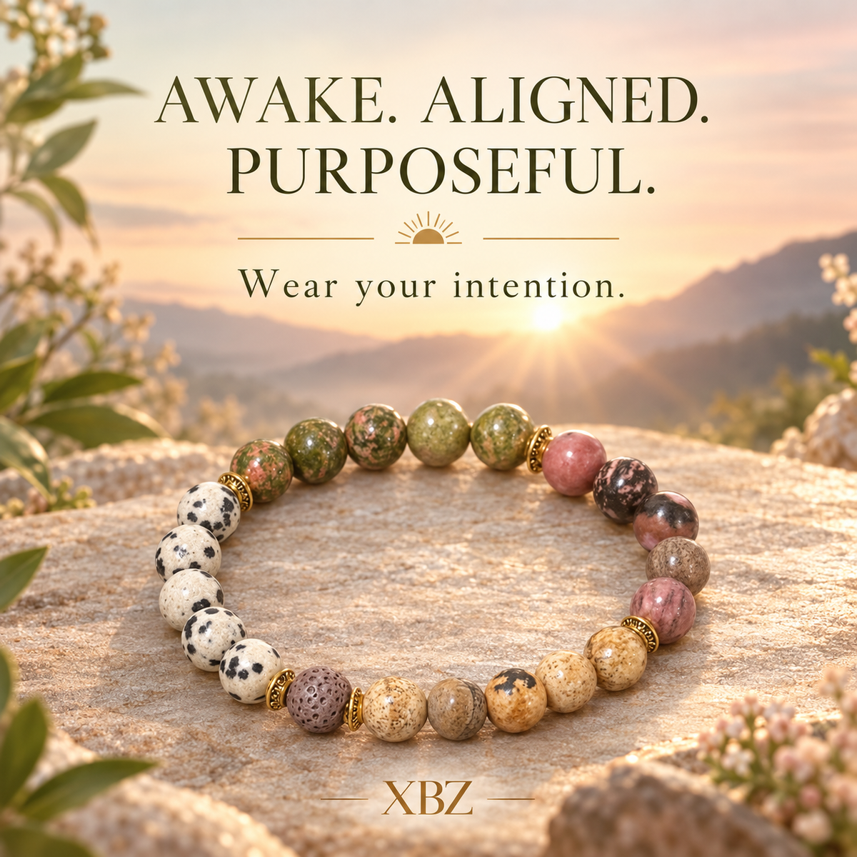 A multicolor beaded stretch bracelet made of natural stones in green, pink, white, and brown, accented with gold spacer beads, displayed on a rock with a mountain sunset background and text overlays.