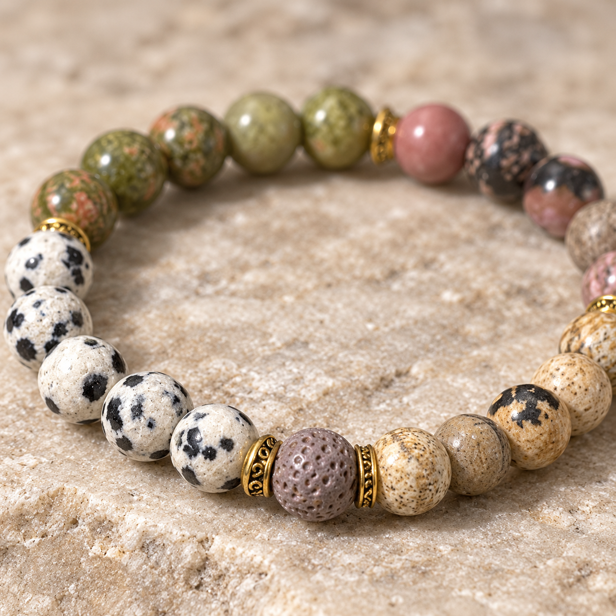 A beaded stretch bracelet made of natural stone beads in earthy tones, displayed on a textured beige stone surface. The bracelet features green, pink, black-spotted white, and speckled beige beads separated by small gold spacer beads.