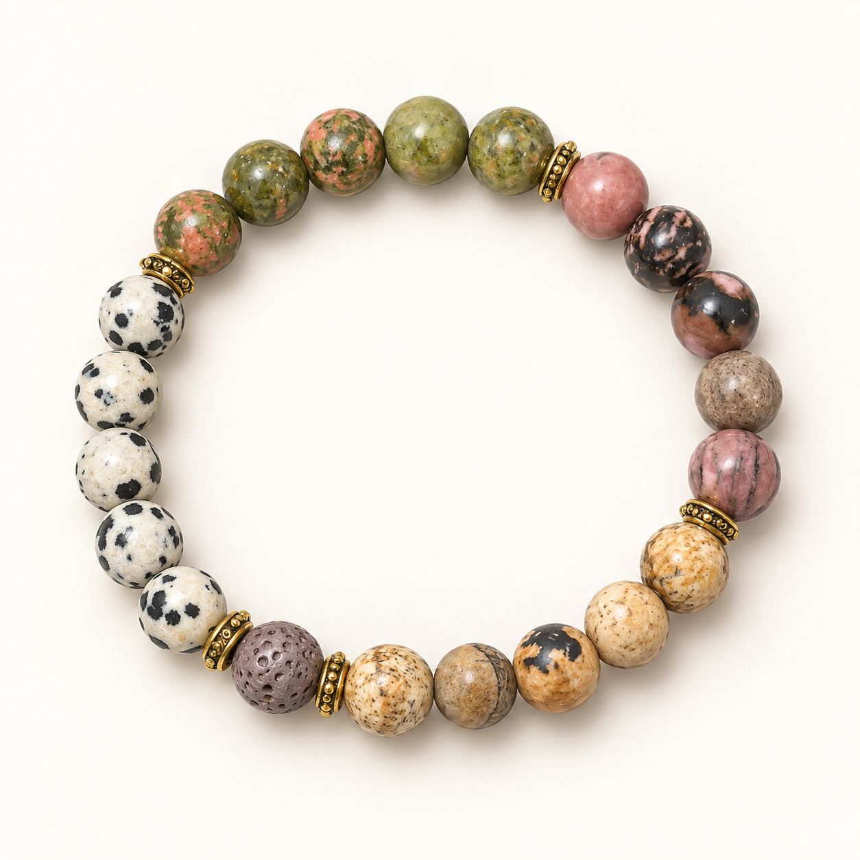 A beaded stretch bracelet made of natural stone beads in various colors and patterns, separated by small gold spacer beads, on a clean white background.