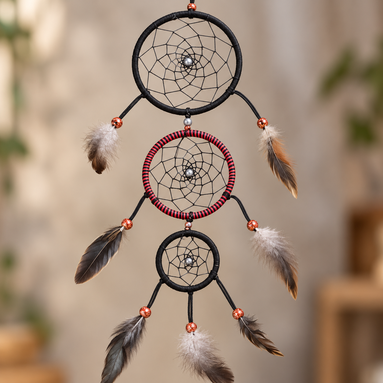 A hanging dreamcatcher with three nested circular web frames, black cords, red and copper beads, and feathers in brown, white, and gray tones, shown against a softly blurred indoor background.