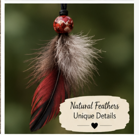 A close-up of a hanging ornament or tassel with natural feathers, including a dark reddish-brown feather, a light beige feather, and a glossy red bead at the top, set against a blurred green background with a text overlay reading 'Natural Feathers Unique Details'.