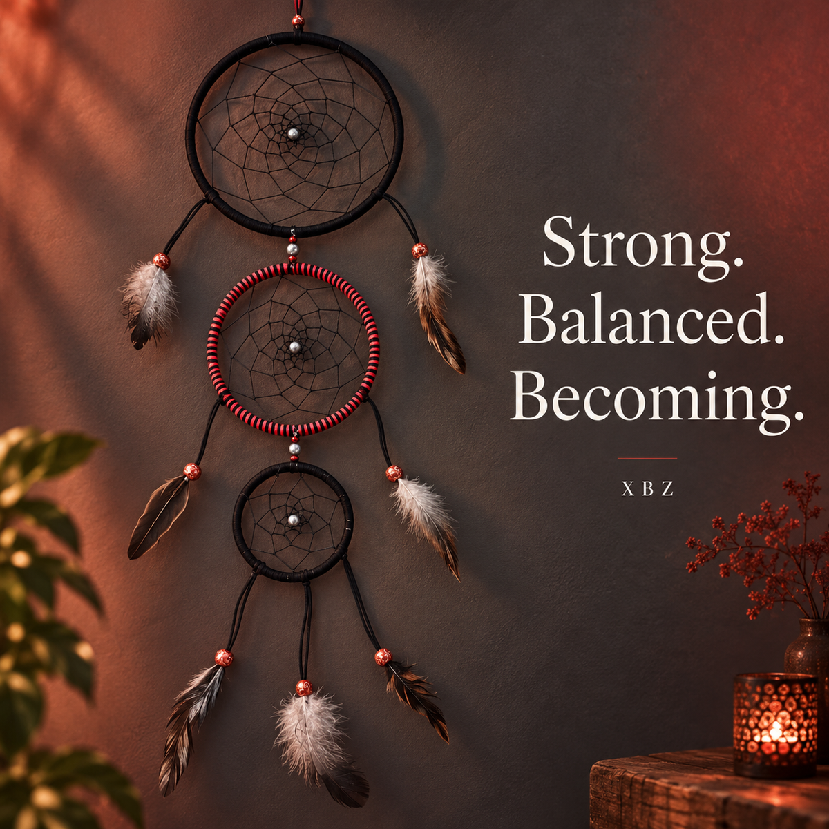 Three nested dreamcatchers with feathers and beads hang on a dark wall, styled with warm ambient lighting, a candle, and the text 'Strong. Balanced.