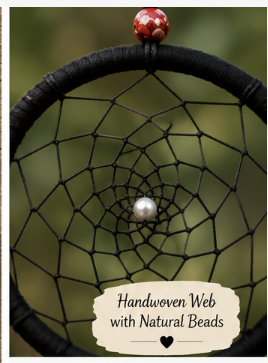 A close-up of a handwoven dreamcatcher with a black wrapped hoop, black webbing, and natural beads, including a prominent white bead in the center and a red-and-white patterned bead at the top. A beige label overlay reads 'Handwoven Web with Natural Beads' against a blurred green background.