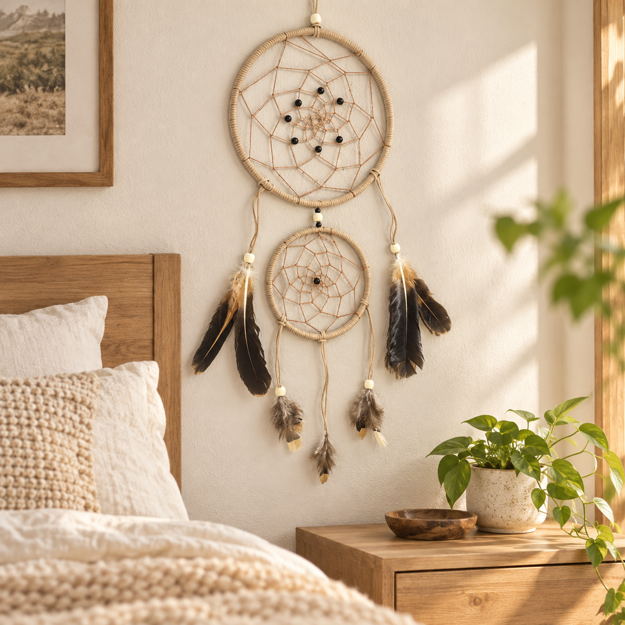 A bohemian-style dreamcatcher wall hanging with two woven hoops, beads, and hanging feathers, displayed on a neutral wall in a cozy bedroom setting next to a wooden bed and a potted plant.