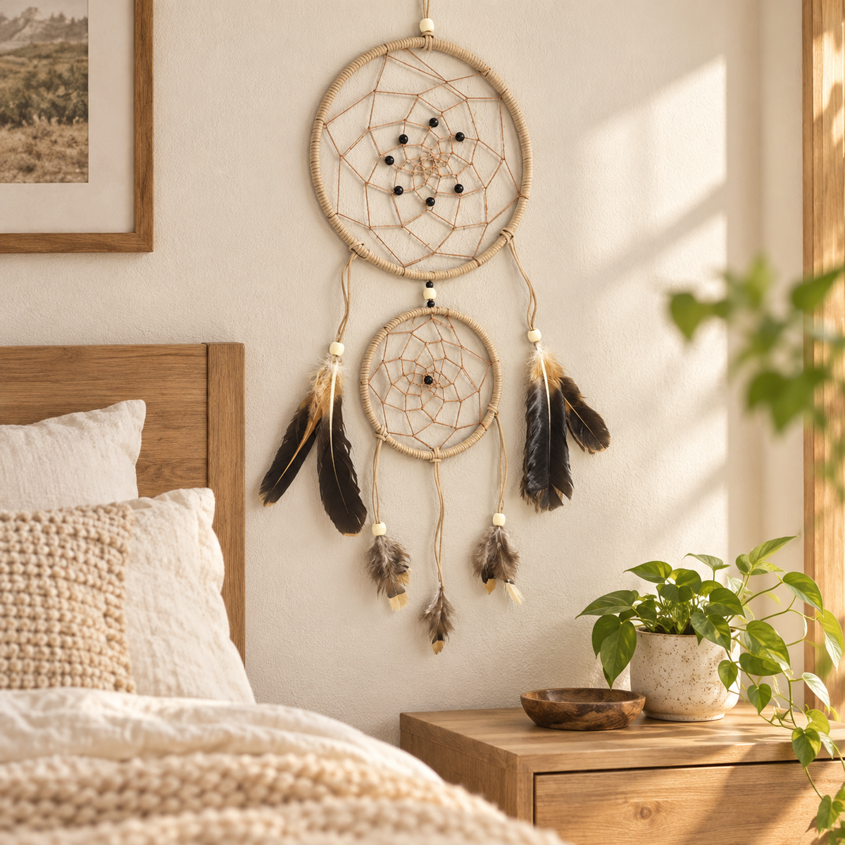 A bohemian-style dreamcatcher wall hanging with two woven hoops, beads, and hanging feathers, displayed on a neutral wall in a cozy bedroom setting next to a wooden bed and a potted plant.
