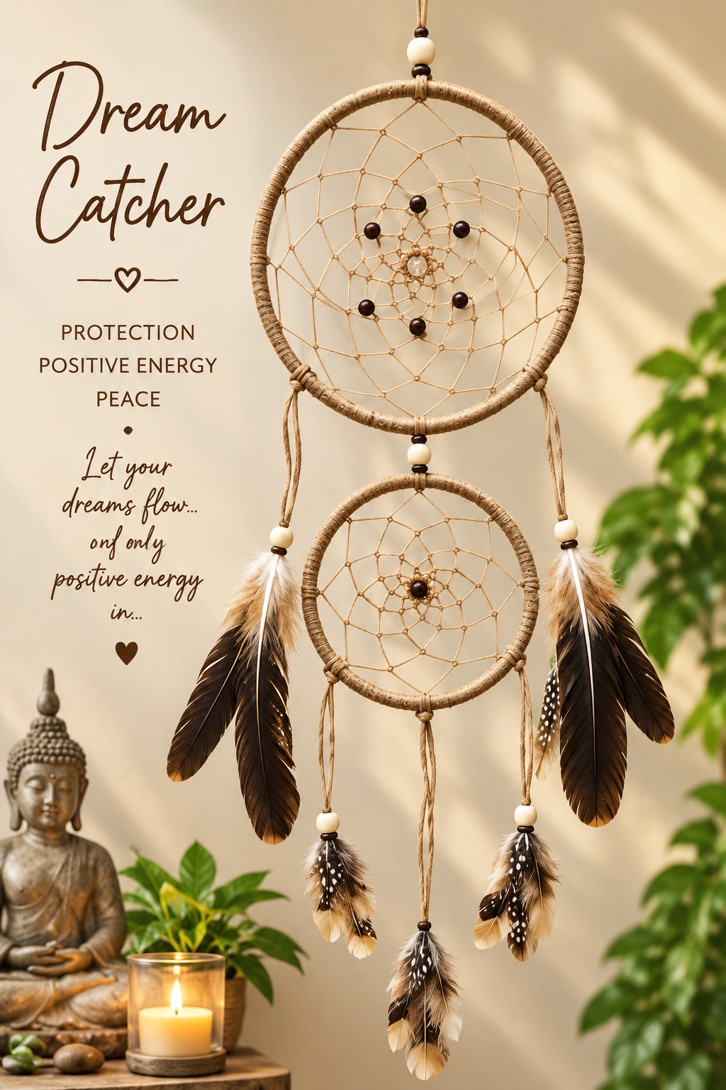 A bohemian-style dreamcatcher with two circular woven hoops, hanging feathers, beads, and tassels, shown against a warm neutral background with decorative text on the left.