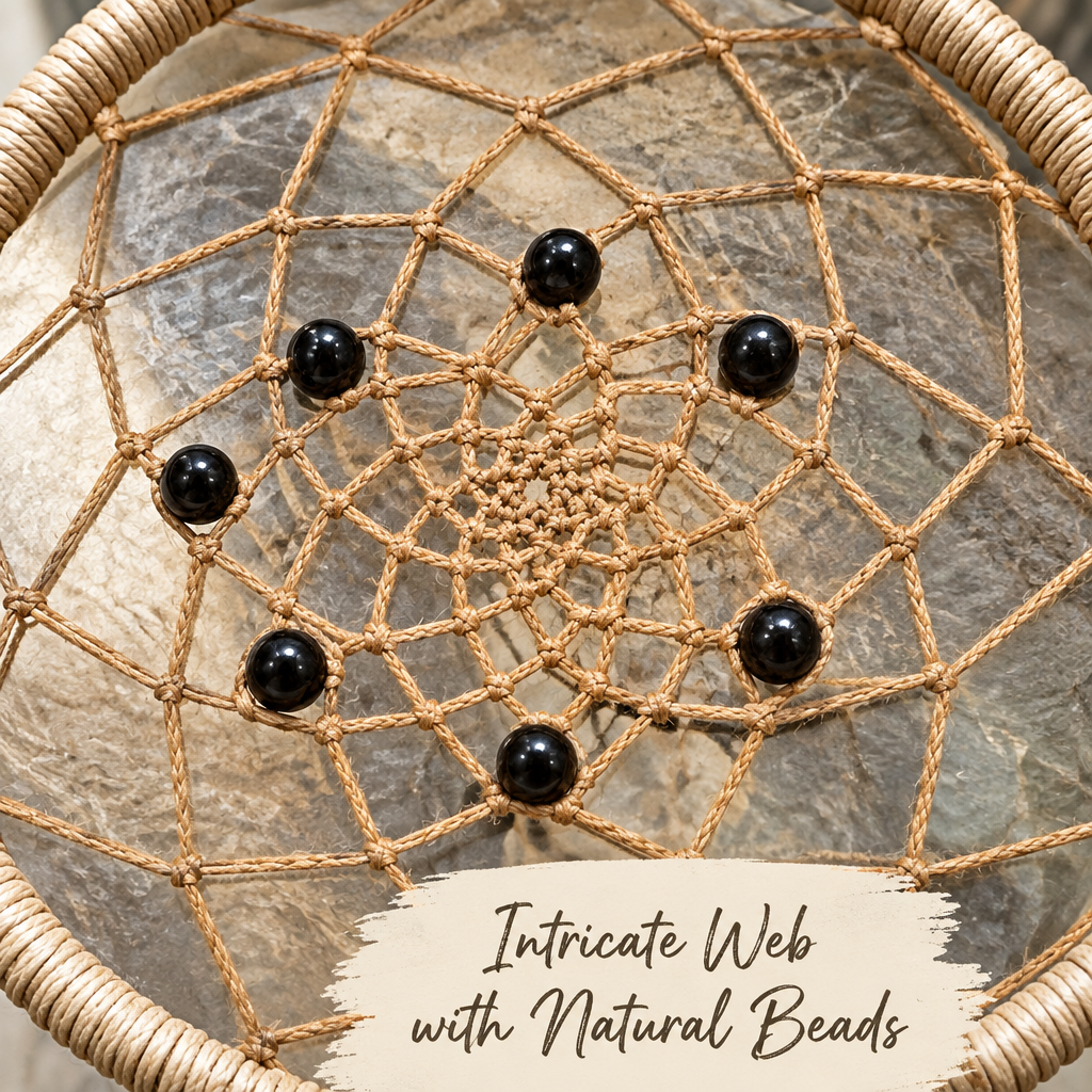 A close-up of a handmade dreamcatcher with a natural woven web and dark brown beads, shown against a neutral background with a text overlay reading 'Intricate Web with Natural Beads'.