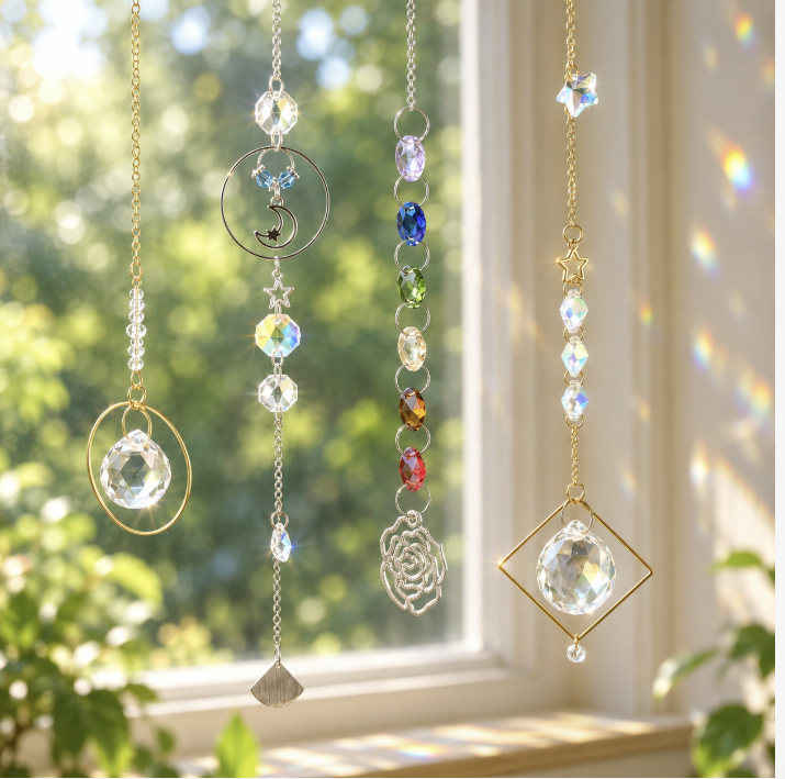 Four handmade crystal sun catchers with celestial charms, colorful beads and faceted prisms hanging in a bright window.
