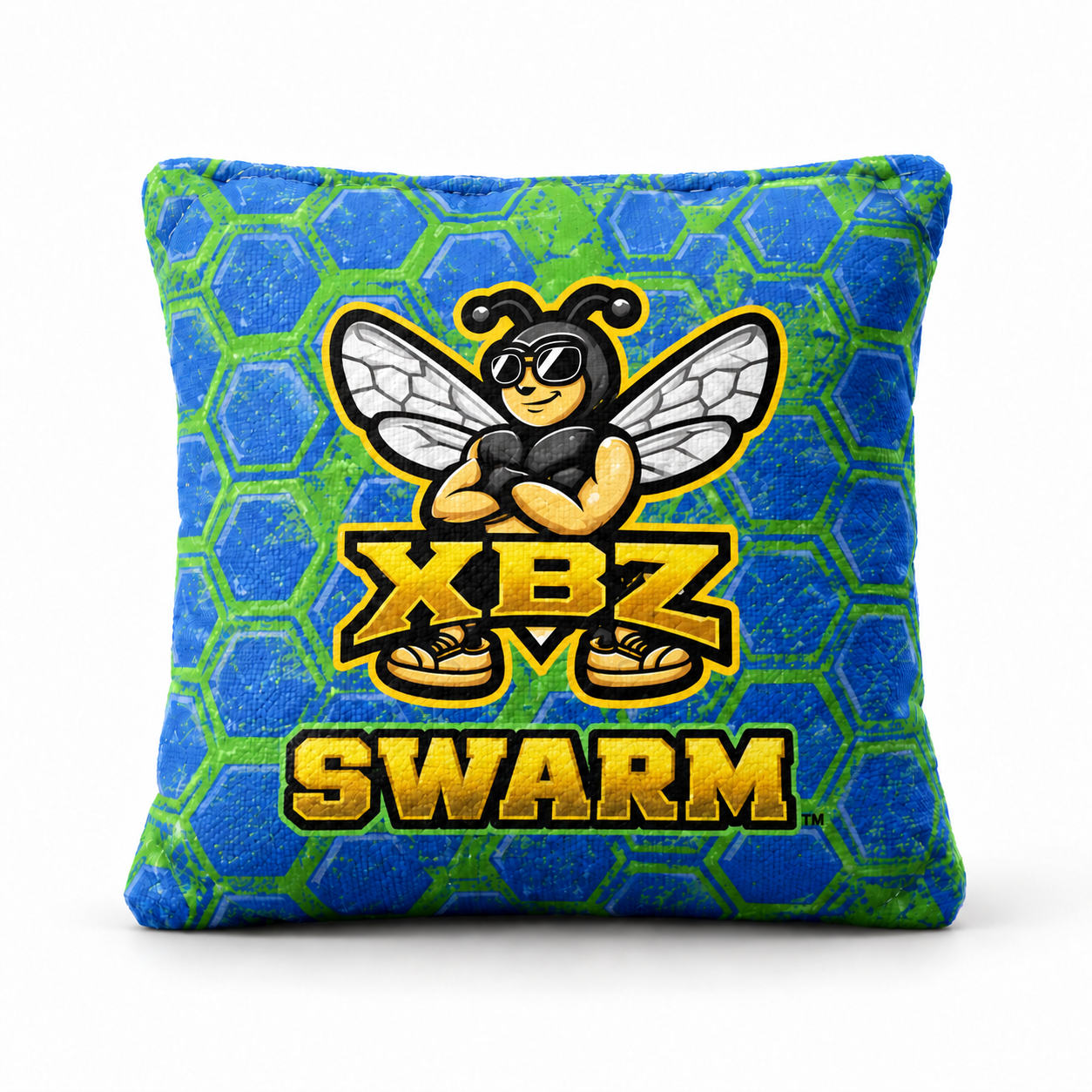 xbz swarm cornhole bag with xbz bee logo, blue and green